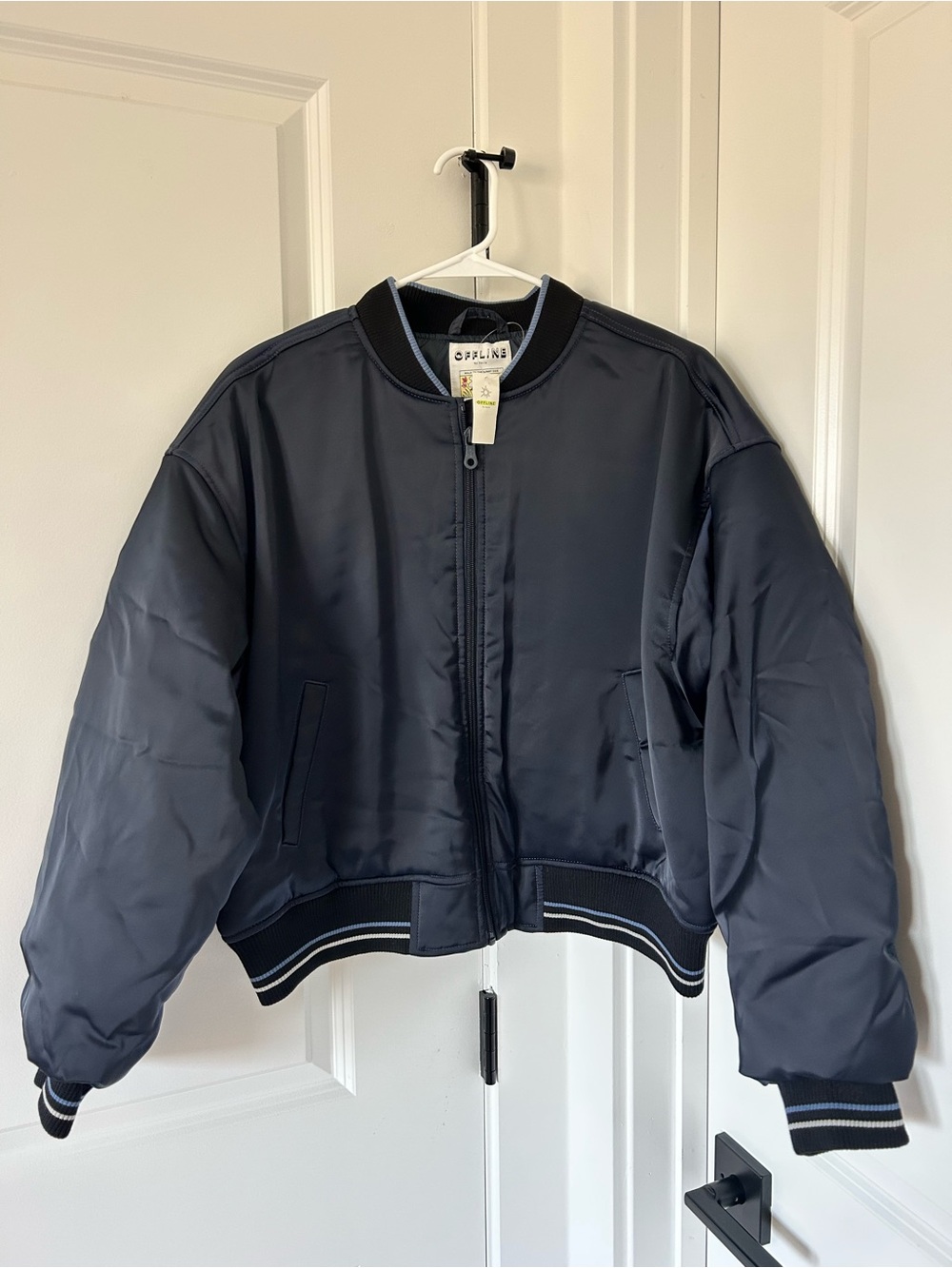 aerie Navy Bomber Jacket with Stripe Trim